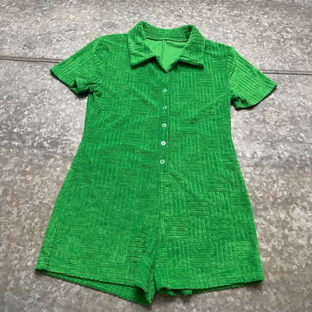 Womens Green Collared Terry Cloth Textured Shorts Romper Small Retro Mod